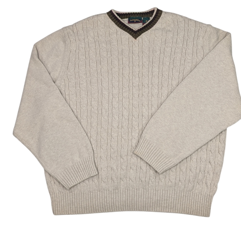 Vintage cotton Saddlebred oatmeal cable knit sweater W olive/brown V-neck. XXL.